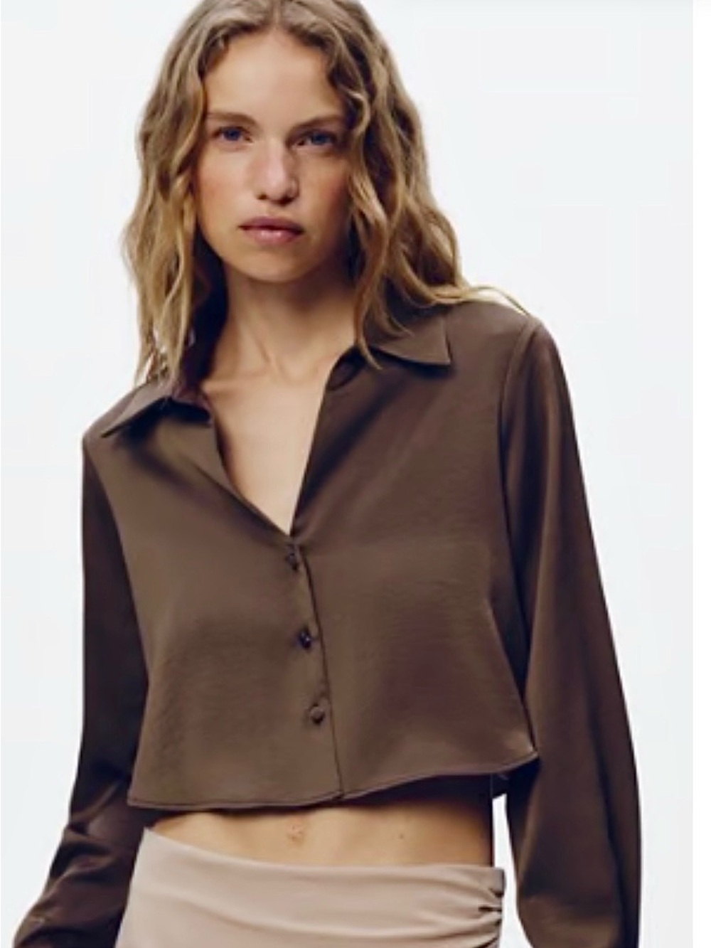 Zara Cropped Button Front Satin Blouse - Brown
